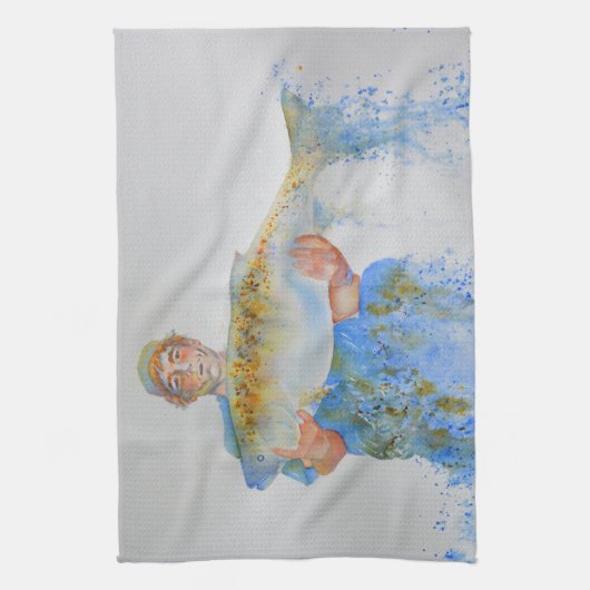 釣り人の水の色絵画の魚釣りギフト彼 キッチンタオル (縦)
