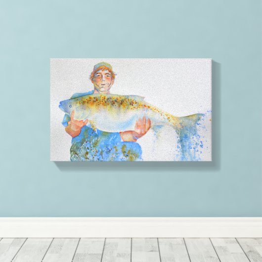 釣り人の水の色絵画の魚釣りギフト彼 キャンバスプリント (インサイチュ (ウッドフロア))