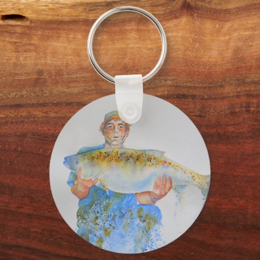 釣り人の水の色絵画の魚釣りギフト彼 キーホルダー (正面)