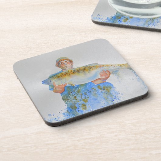 釣り人の水の色絵画の魚釣りギフト彼 コースター (左側)