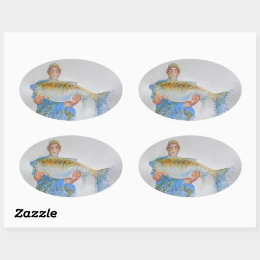 釣り人の水の色絵画の魚釣りギフト彼 楕円形シール (シート)