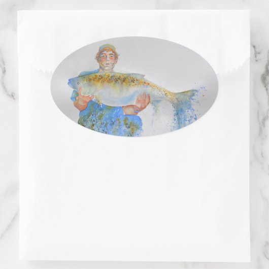 釣り人の水の色絵画の魚釣りギフト彼 楕円形シール (バッグ)