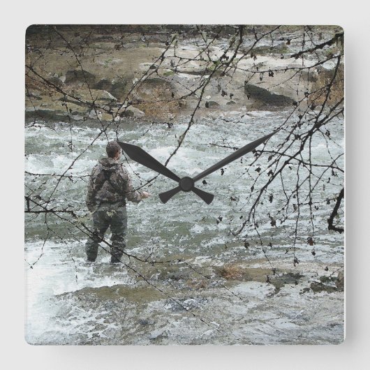 釣り人フライフィッシング川のスチールヘッドマス スクエア壁時計 (正面)