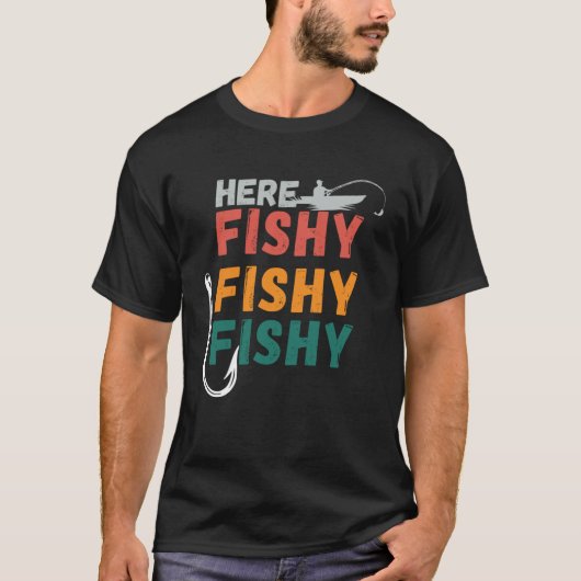 釣り人HereFishyFishyFishyヴィンテージ色Fis Tシャツ (正面)