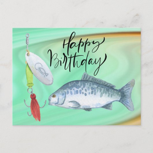 釣り好きな人の誕生日をお祝いする魚と釣り針の水彩画 ポストカード (正面)