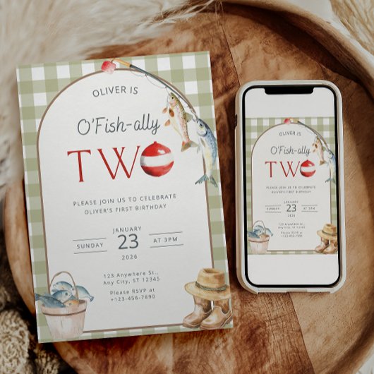 釣り好きな男の子のための2歳の誕生日パーティーの招待状デザイン「O Fishally Two」 招待状