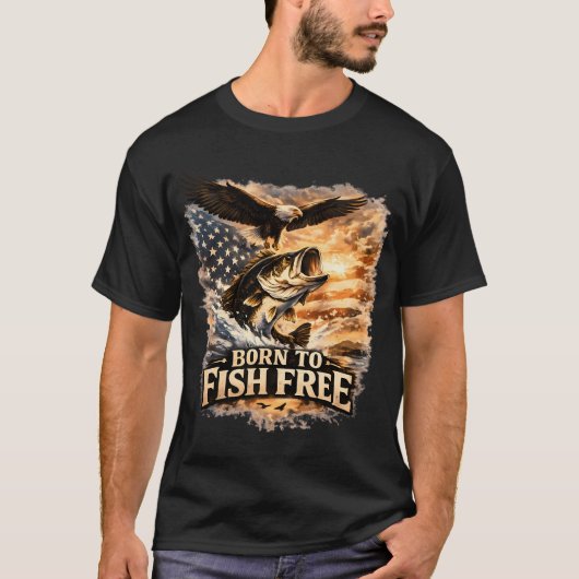釣り好きに生まれついて 自由 Tシャツ (正面)