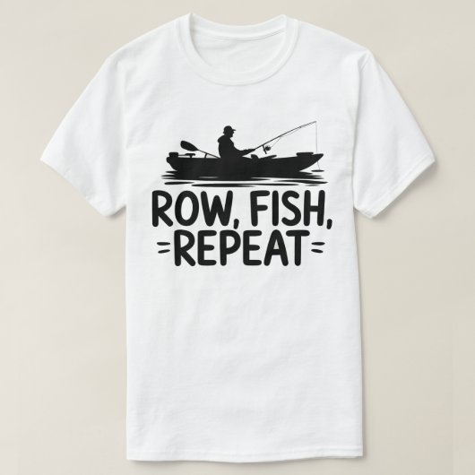 釣り好きのための「漕げ、釣れ、繰り返せ」グラフィック Tシャツ (デザイン正面)