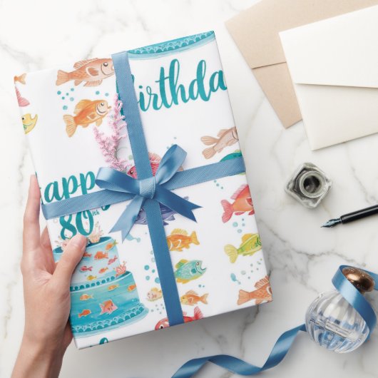 釣り好き80歳の誕生日水彩画 ラッピングペーパー (ギフト)