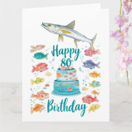 釣り好き80歳の誕生日 水彩画 カード