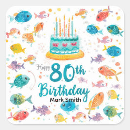 釣り好き80歳の誕生日 水彩画 スクエアシール