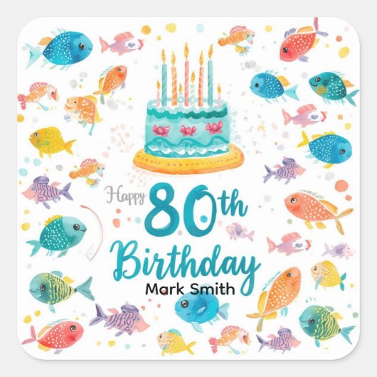 釣り好き80歳の誕生日 水彩画 スクエアシール (正面)