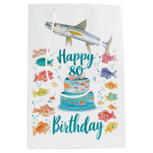 釣り好き80歳の誕生日 水彩画 ミディアムペーパーバッグ (正面)