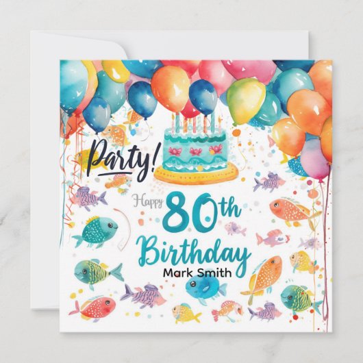 釣り好き80歳の誕生日 水彩画 招待状 (正面)