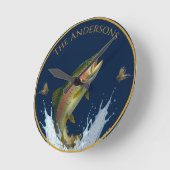 釣り水色マス魚ネイビーブルー ラウンド壁時計 (傾斜)