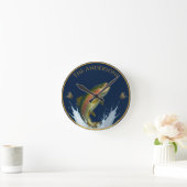 釣り水色マス魚ネイビーブルー ラウンド壁時計 (ホーム)
