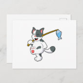 釣り竿で釣りをしている猫 ポストカード (正面/裏面)