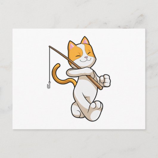 釣り竿で釣りをしている猫 ポストカード (正面)