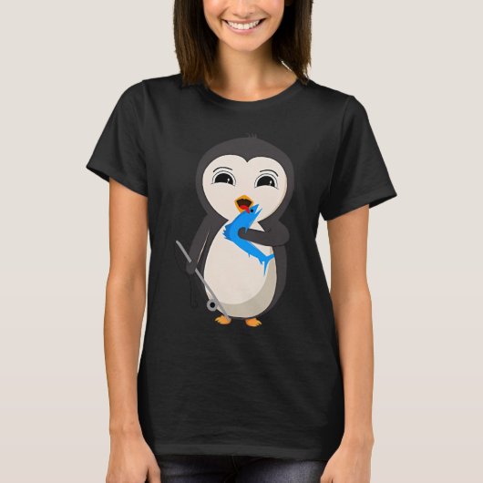 釣り竿で釣りをするペンギーナ Tシャツ (正面)