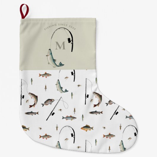 釣り竿とリールの魚のテーマのモノグラム ラージクリスマスストッキング (正面)
