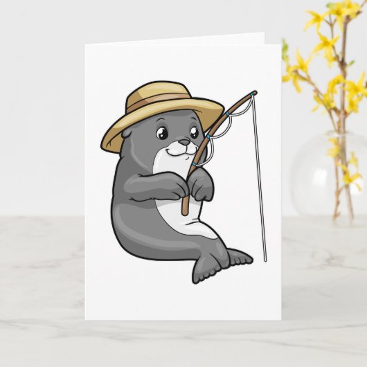 釣り竿と帽子で釣りを楽しむアザラシ カード (黄色い花)