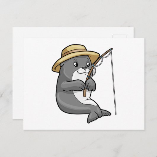 釣り竿と帽子で釣りを楽しむアザラシ ポストカード (正面/裏面)