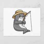 釣り竿と帽子で釣りを楽しむアザラシ ポストカード (正面)