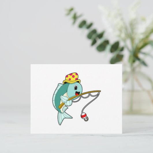 釣り竿と帽子で釣りを楽しむ魚 ポストカード (スタンド正面)