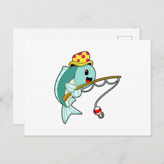 釣り竿と帽子をつけて釣りをしている魚 ポストカード (正面/裏面)