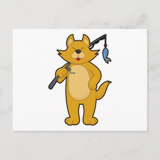 釣り竿と魚で釣りをしている猫 ポストカード (正面)