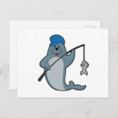 釣り竿と魚で釣りを楽しむアザラシ ポストカード (正面/裏面)