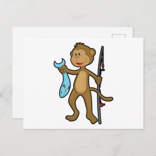 釣り竿と魚で釣りを楽しむ猿 ポストカード (正面/裏面)