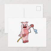 釣り竿と魚で釣りを楽しむ豚 ポストカード (正面/裏面)