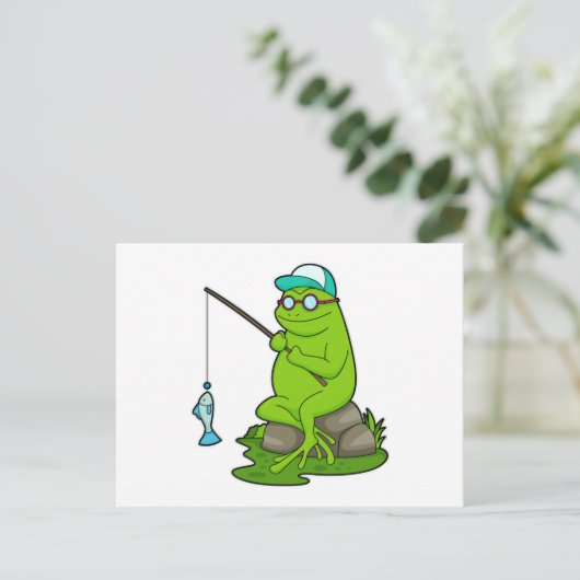 釣り竿と魚で魚釣りとしてカエル ポストカード (スタンド正面)