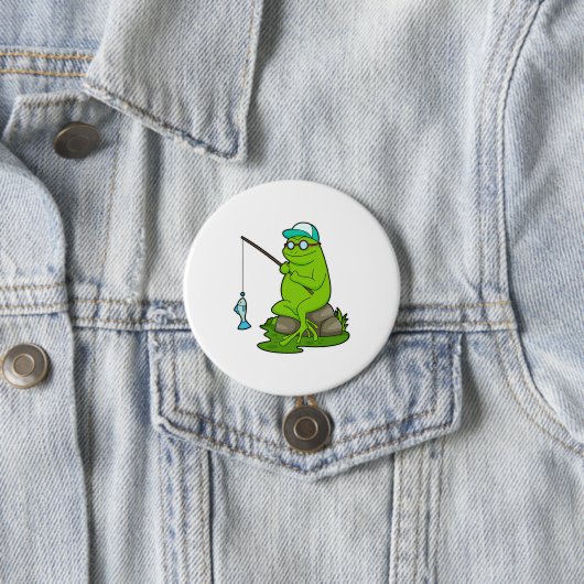 釣り竿と魚で魚釣りとしてカエル 缶バッジ (インサイチュ)