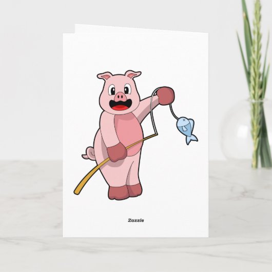 釣り竿と魚を持って釣りをしている豚 カード (裏面)