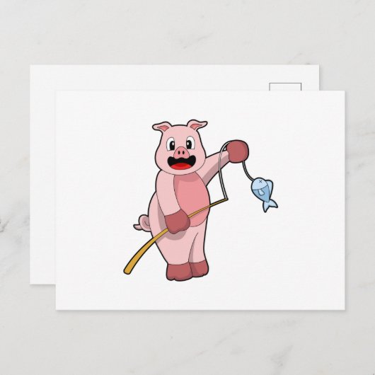 釣り竿と魚を持って釣りをしている豚 ポストカード (正面/裏面)