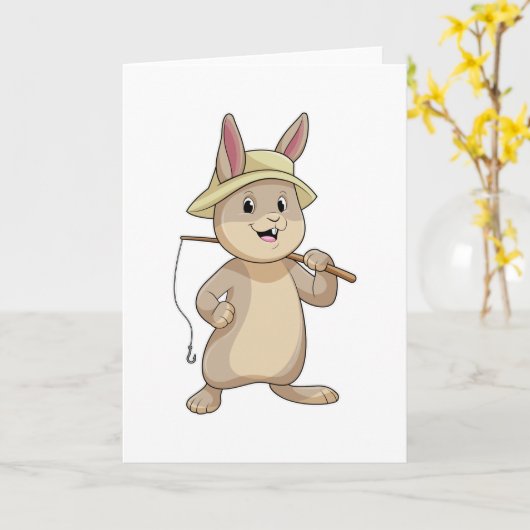 釣り竿を持ったフィッシャーとしてのウサギ カード (黄色い花)
