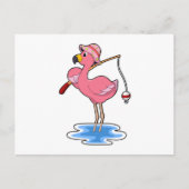 釣り竿を持って釣りをしているフラミンゴ ポストカード (正面)