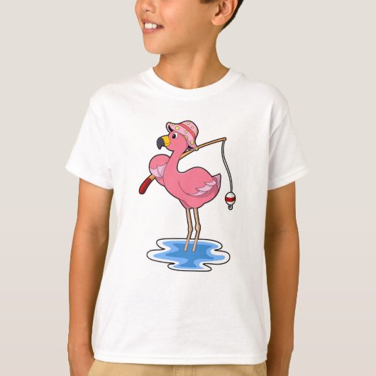 釣り竿を持って釣りをしているフラミンゴ Tシャツ (正面)