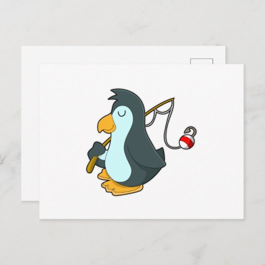 釣り竿を持って釣りをしているペンギン ポストカード (正面/裏面)