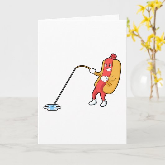 釣り竿を持って釣りをしながらホットドッグ カード (黄色い花)