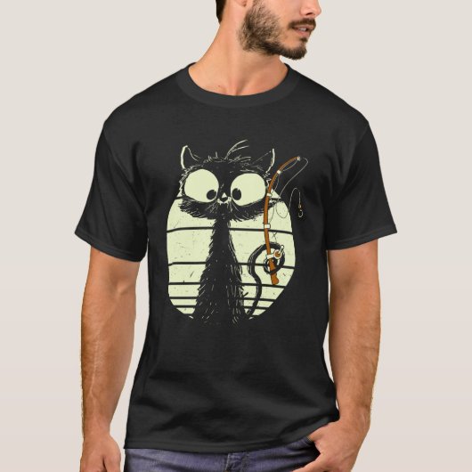釣り竿を持つ猫 釣りをする猫 かわいい猫 Tシャツ (正面)