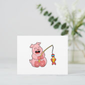 釣り竿を持つ豚と魚 ポストカード (スタンド正面)