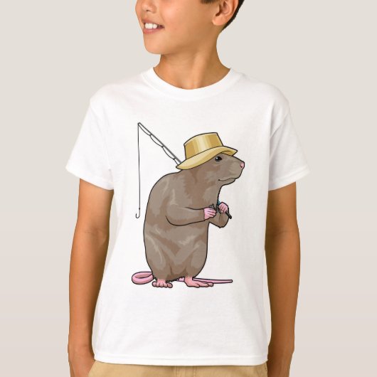 釣り竿を持つ釣りに行くネズミ Tシャツ (正面)