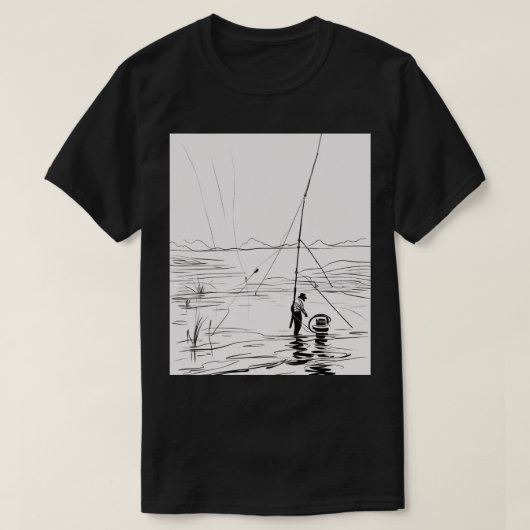 釣り竿 湖 投げ釣り ラインアート ミニマリスト アングル Tシャツ (デザイン正面)