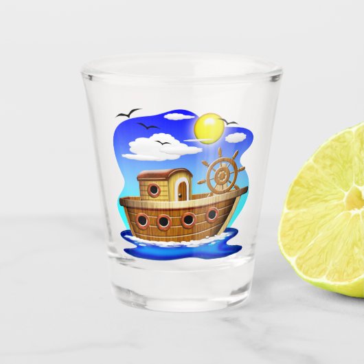 釣り船のキャラクターイラスト ショットグラス (正面)