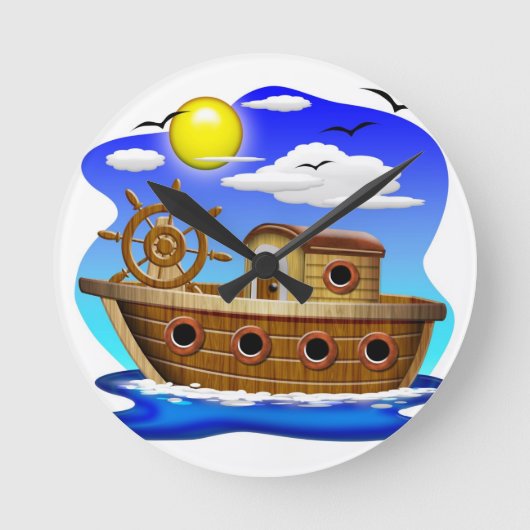 釣り船のキャラクターイラスト ラウンド壁時計 (正面)