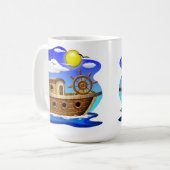 釣り船のキャラクター コーヒーマグカップ (正面左)
