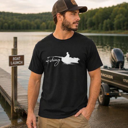 釣り船のシルエット 白いミニマリストの釣り人 水辺 Tシャツ